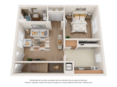 Floor plan for 1 bed, 1 bath, 750 sqft
